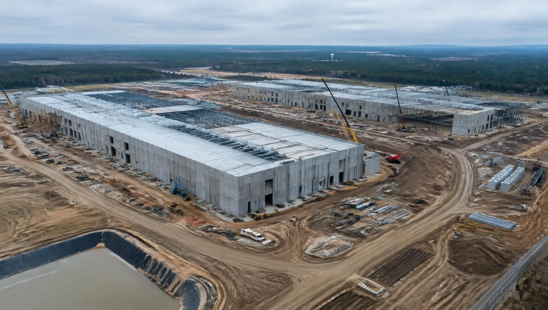 Aerial view of a data center campus under construction